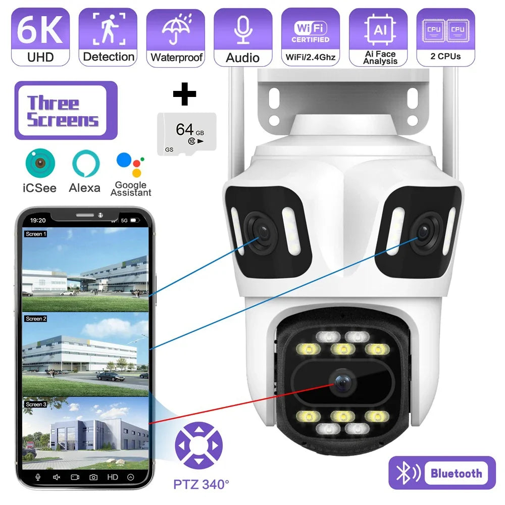 Caméra De Surveillance Extérieure PTZ Triple Objectif Wi-Fi